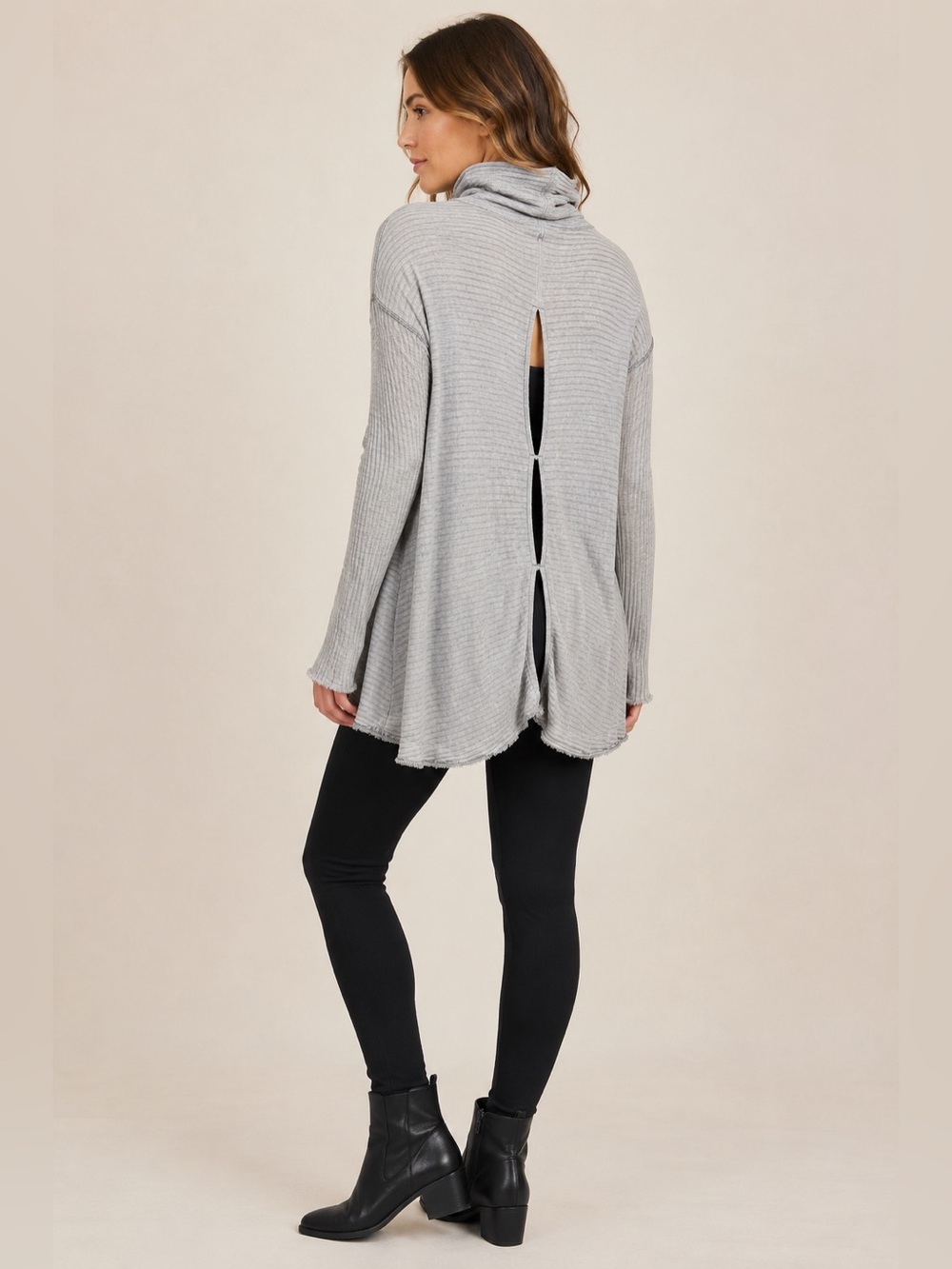 Free People We The Free Women M Gray Ribbed Mock Neck Open Back Tunic Top